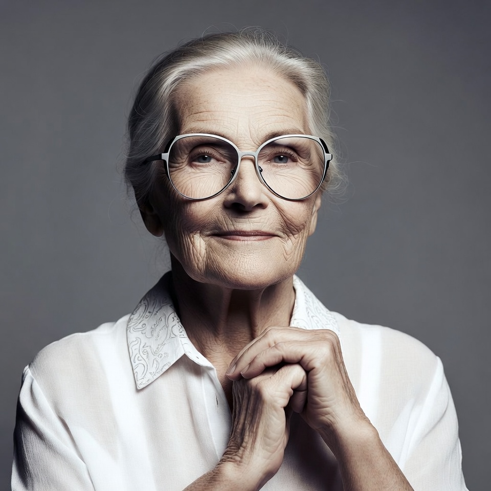 Elderly woman with glasses hands clasped Elderly woman with glasses hands clasped
