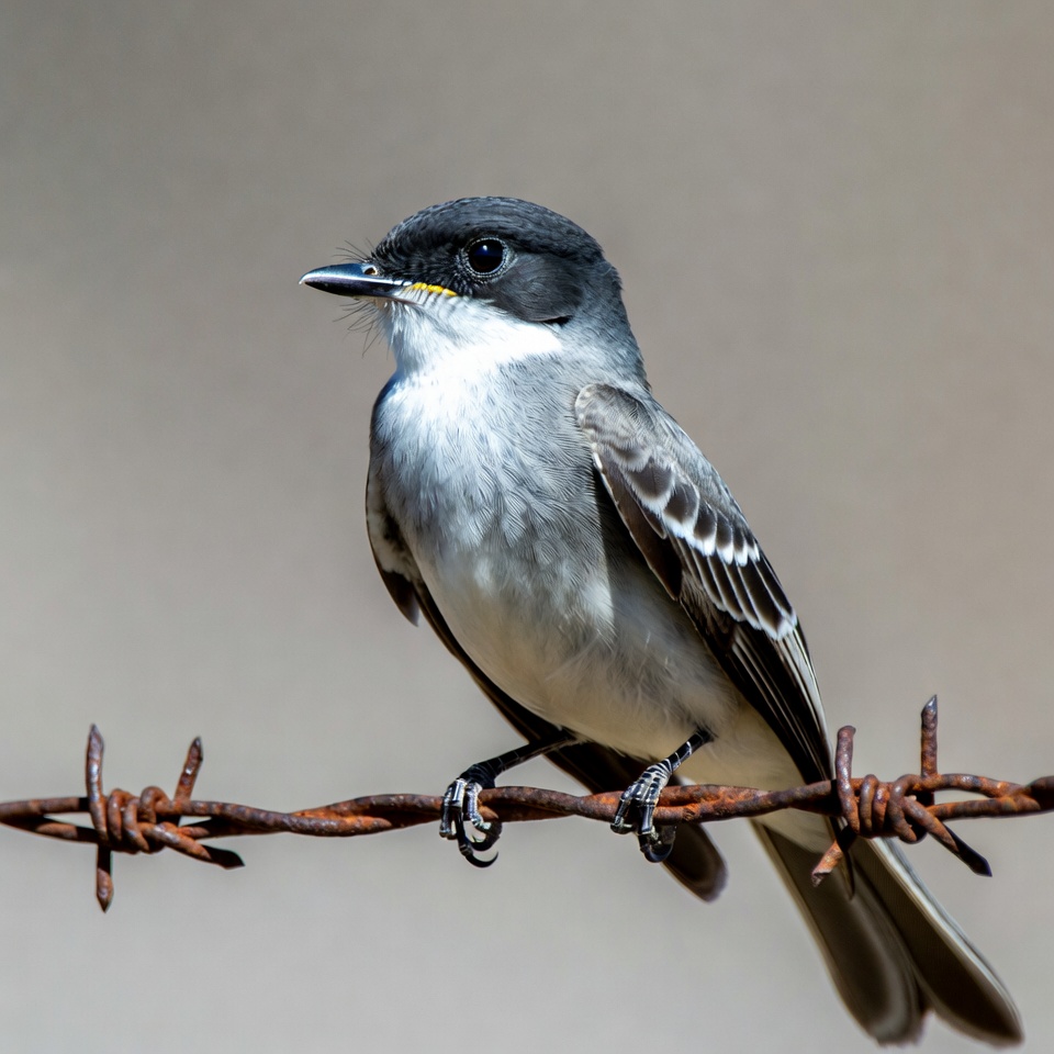 Eastern Phoebe perched on barbed wire Eastern Phoebe perched on barbed wire