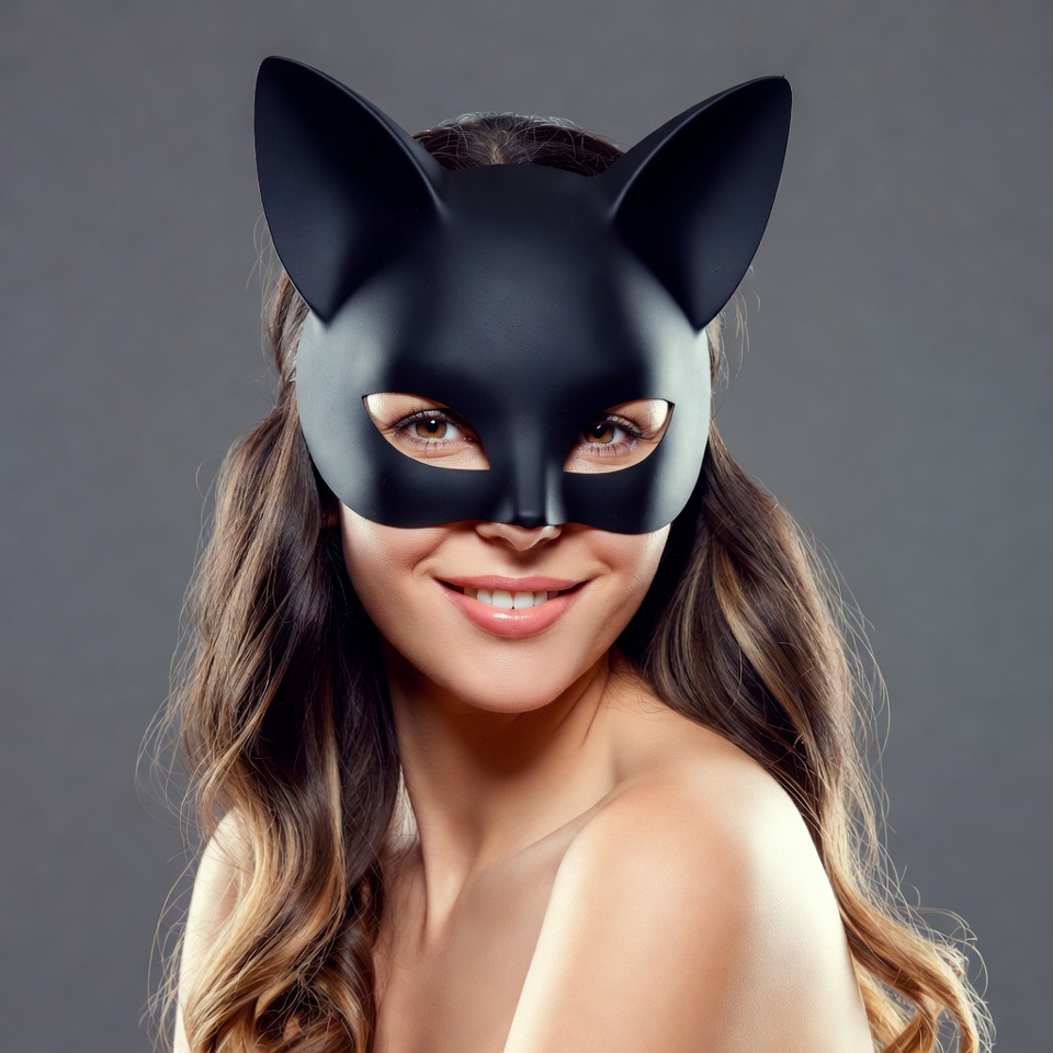 Woman wearing black cat mask Woman wearing black cat mask