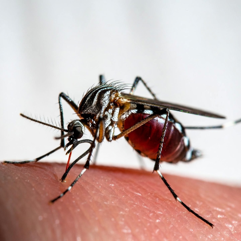 Mosquito biting human skin Mosquito biting human skin