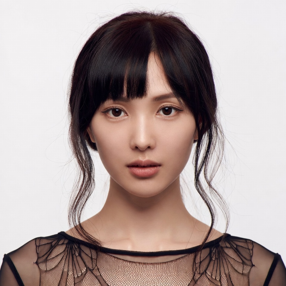 Asian woman with bangs in lace top Asian woman with bangs in lace top