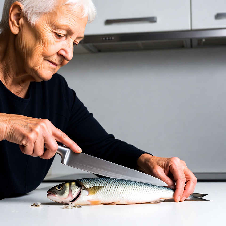 Elderly woman filleting fish Elderly woman filleting fish
