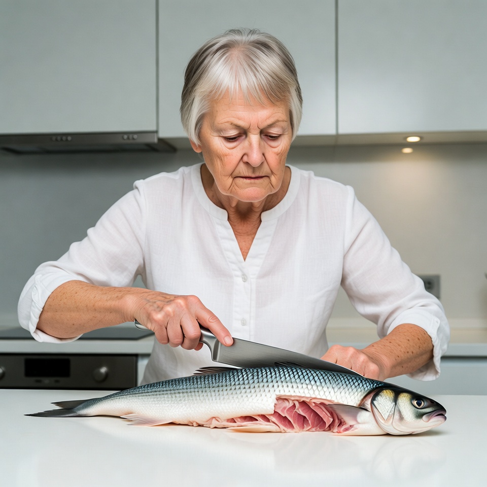 Elderly woman filleting fish Elderly woman filleting fish