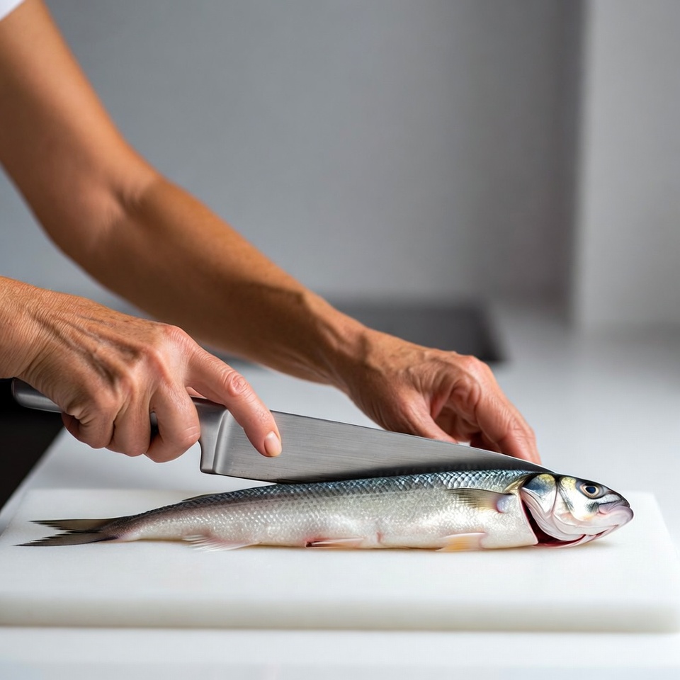 Woman filleting fish with knife Woman filleting fish with knife