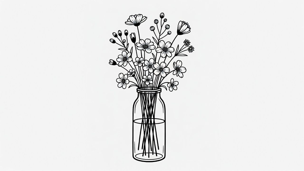 Line Art Flowers in Glass Jar Line Art Flowers in Glass Jar