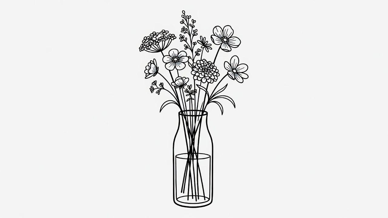 Line Art Flowers in Glass Vase Line Art Flowers in Glass Vase
