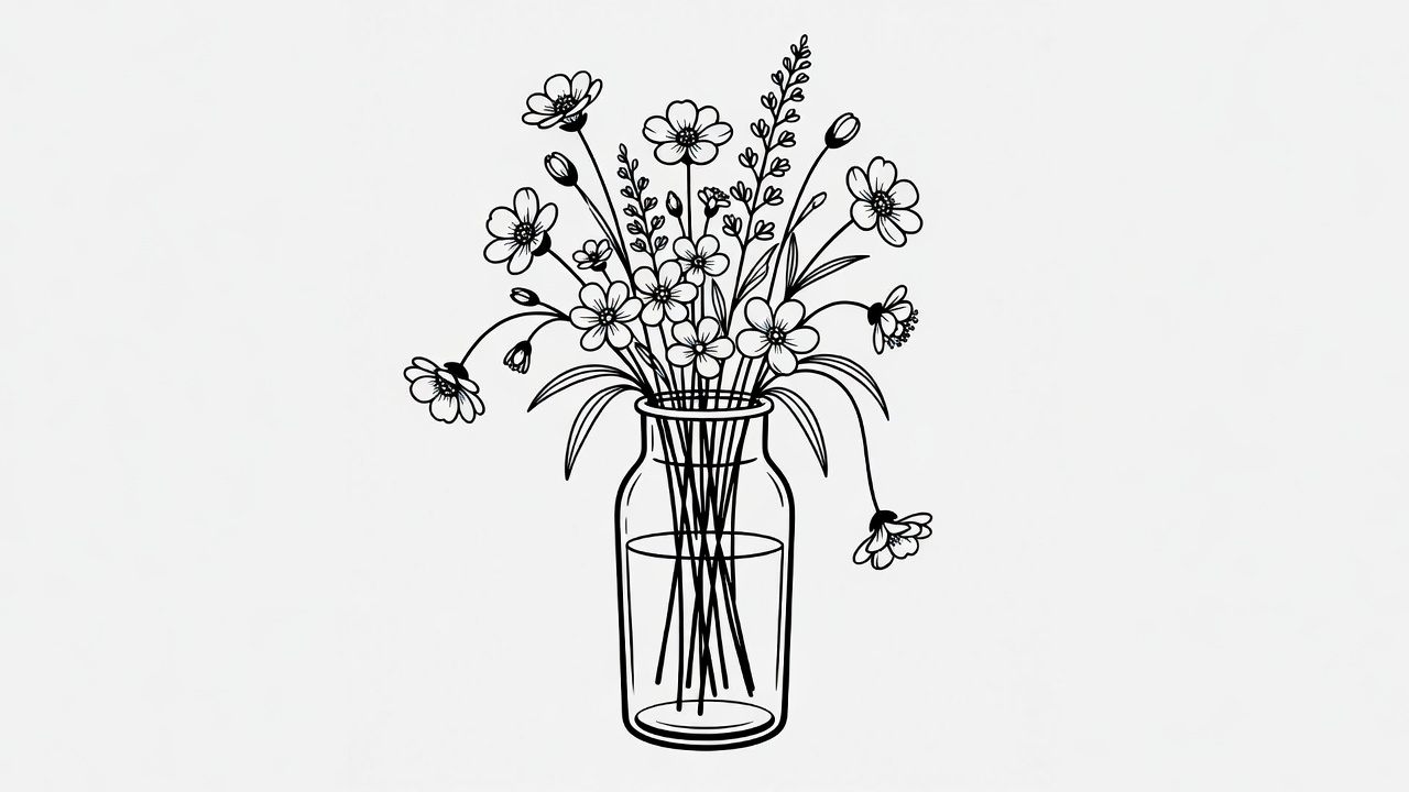 Line Art Flowers in Glass Vase Line Art Flowers in Glass Vase