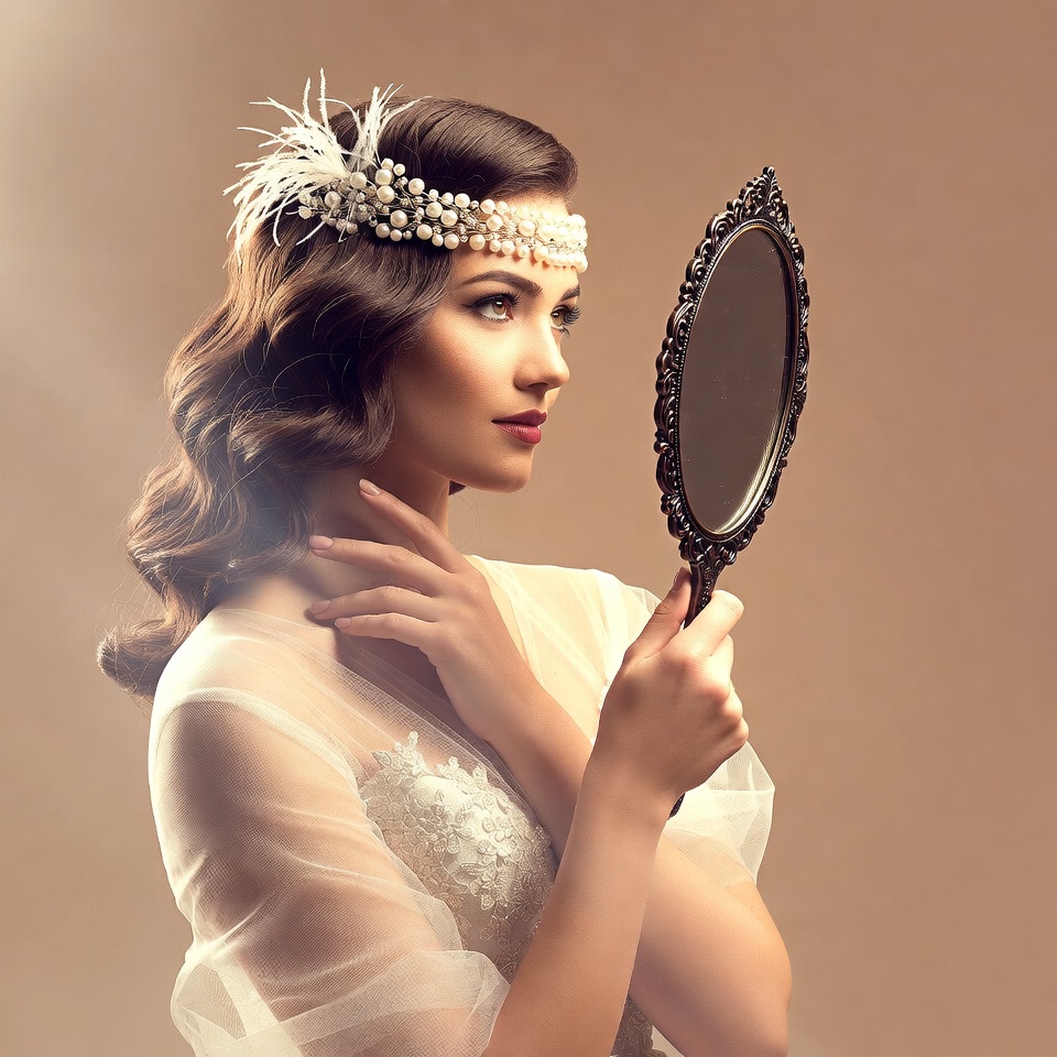 Woman in 1920s Headband Holding Mirror Woman in 1920s Headband Holding Mirror