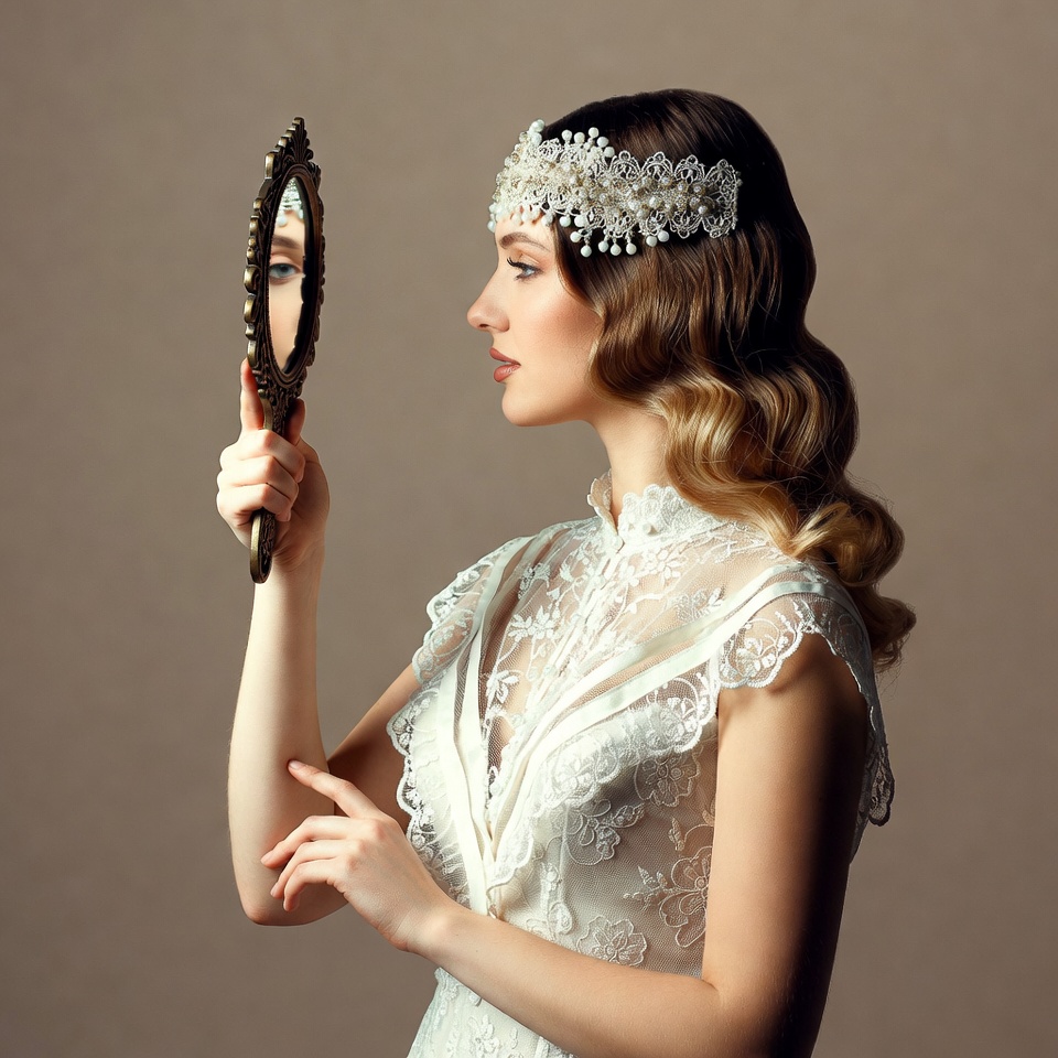 Woman gazing into ornate mirror Woman gazing into ornate mirror