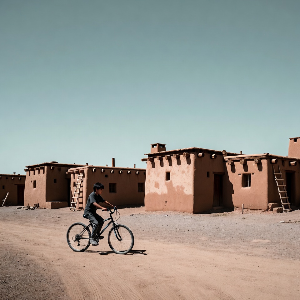 Man biking past adobe houses Man biking past adobe houses