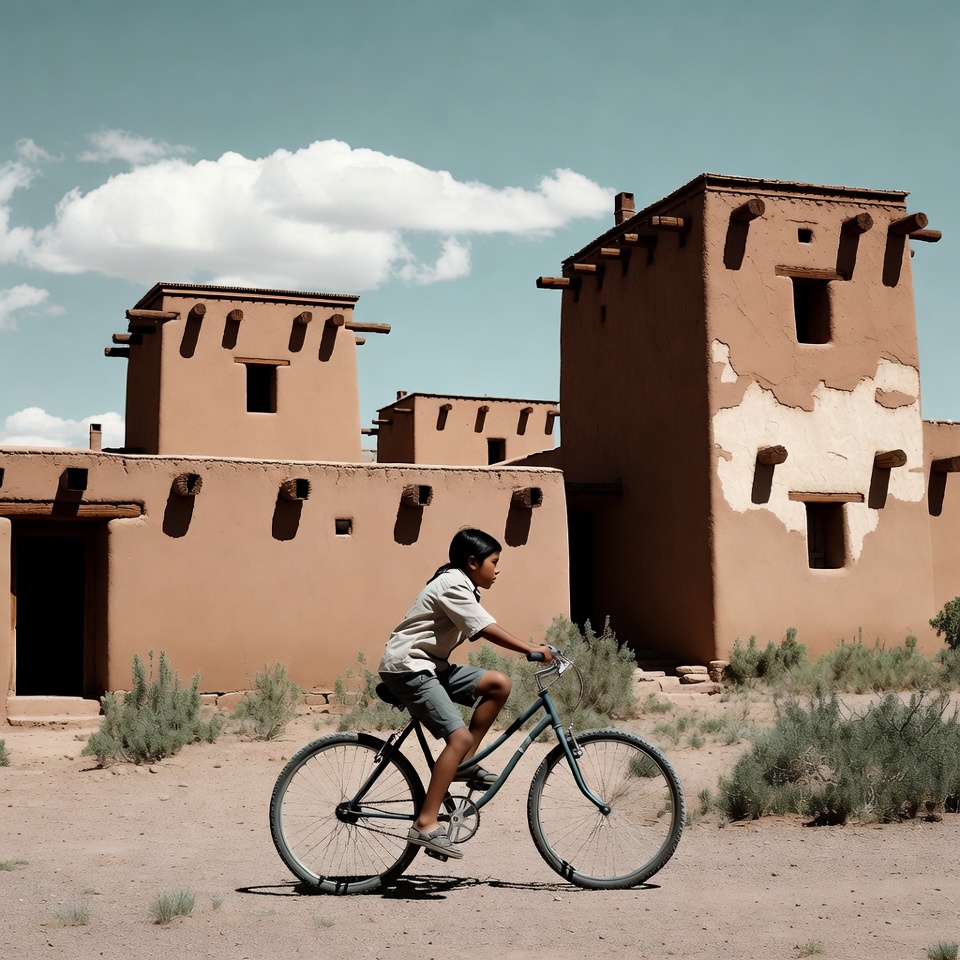 Boy riding bicycle near adobe buildings Boy riding bicycle near adobe buildings