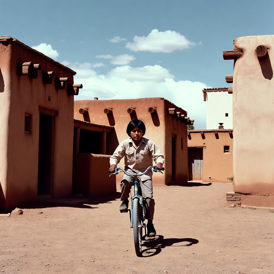 Boy riding bicycle in adobe village Boy riding bicycle in adobe village