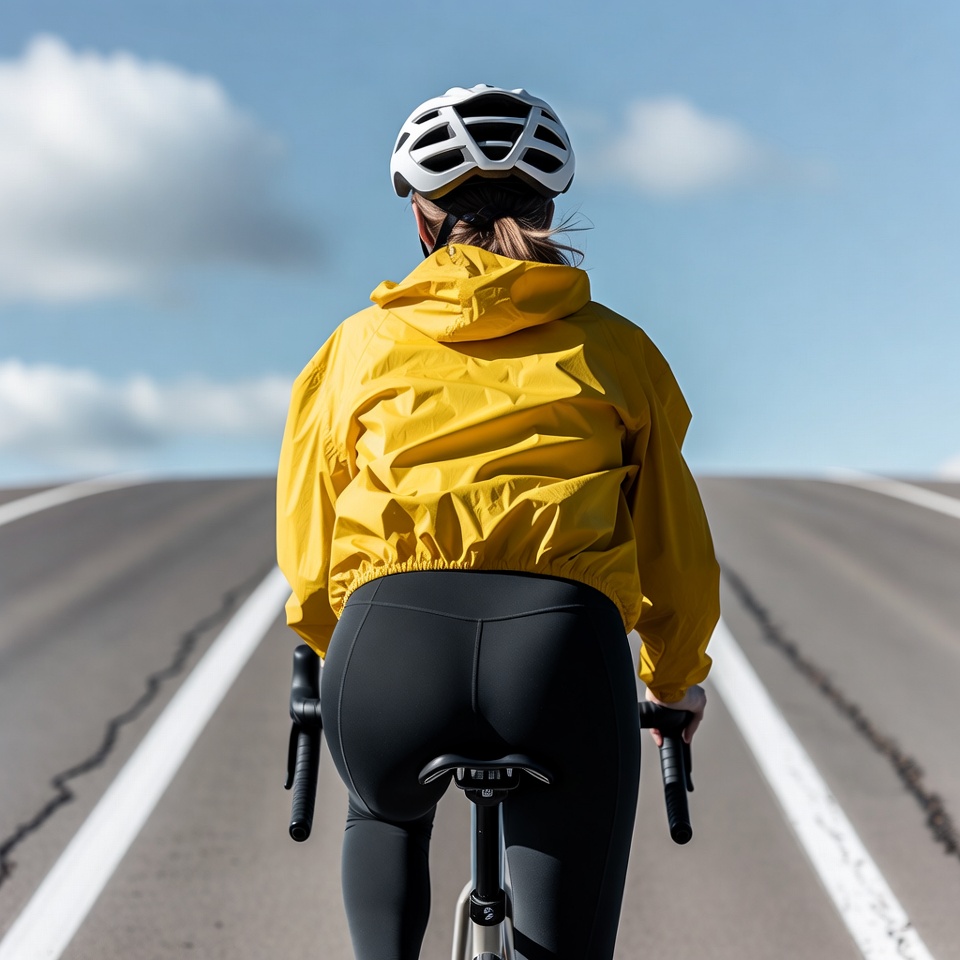 Woman cycling in yellow jacket Woman cycling in yellow jacket