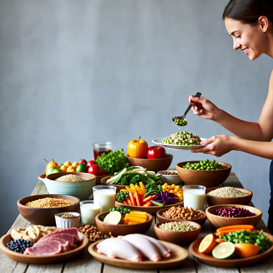 Woman scooping peas from healthy food plate Woman scooping peas from healthy food plate
