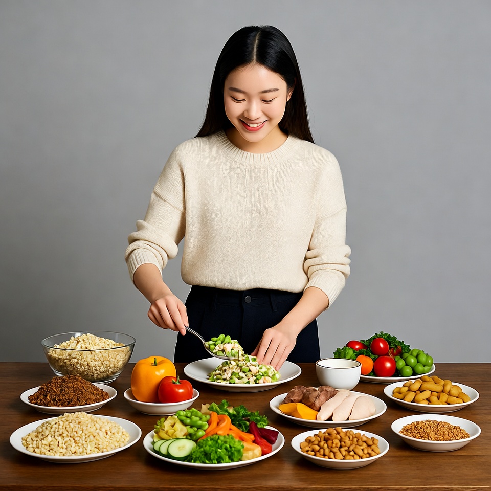 Asian woman serving salad at table Asian woman serving salad at table