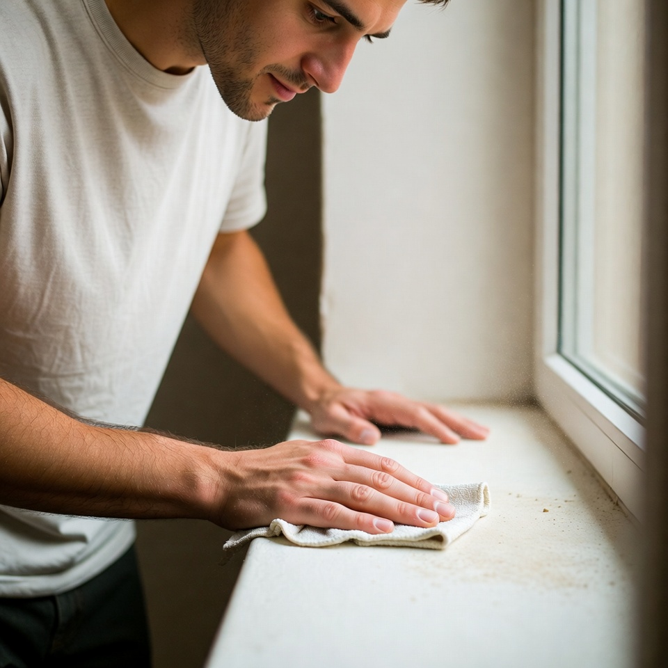 Man cleaning window sill Man cleaning window sill