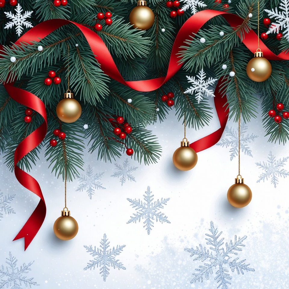 Christmas Wreath with Red Ribbon and Gold Ornaments Christmas Wreath with Red Ribbon and Gold Ornaments