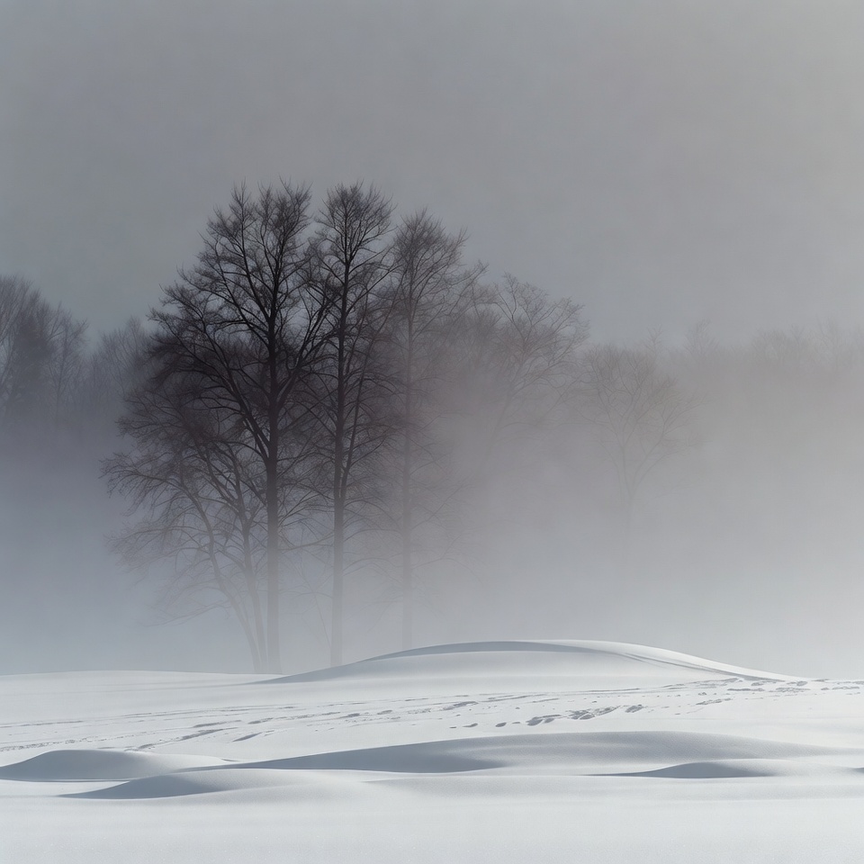 Snowy Trees in Foggy Winter Landscape Snowy Trees in Foggy Winter Landscape