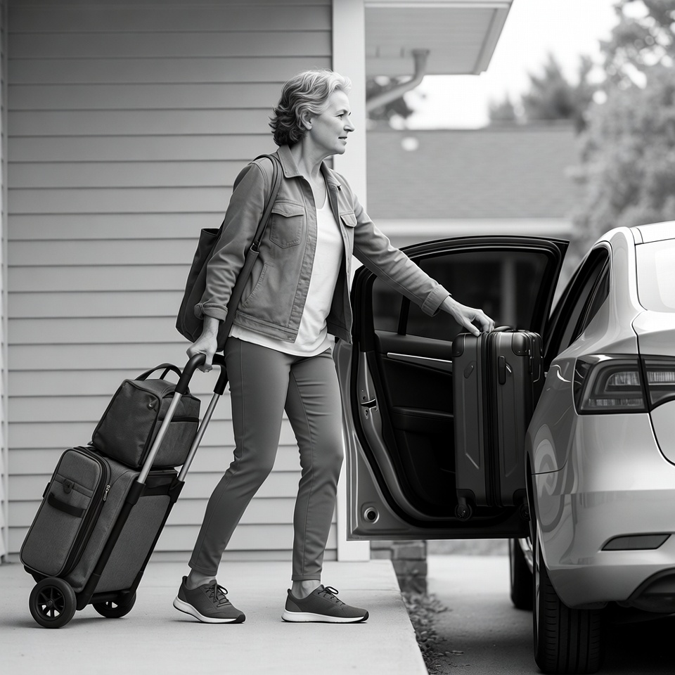 Senior woman loading luggage into car Senior woman loading luggage into car