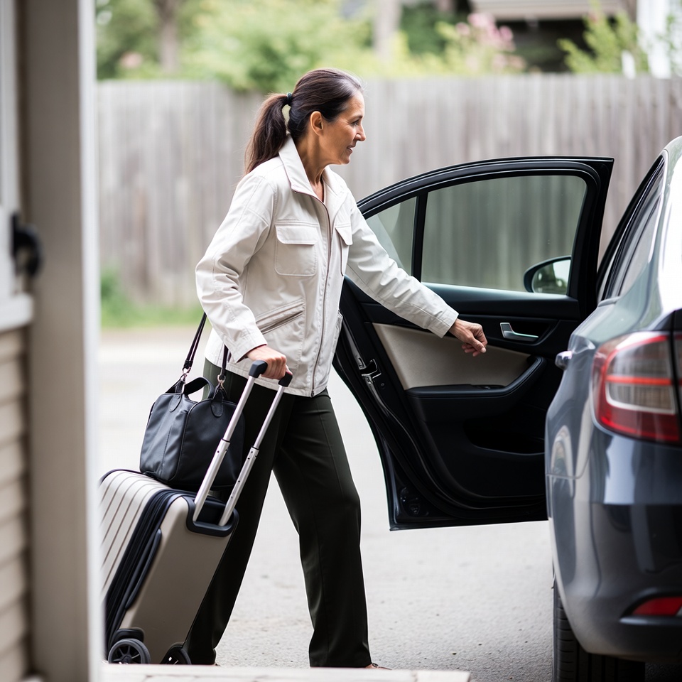 Woman loading suitcase into car Woman loading suitcase into car