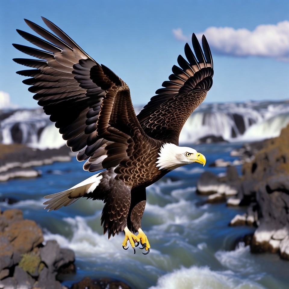 Bald eagle flying over waterfall Bald eagle flying over waterfall