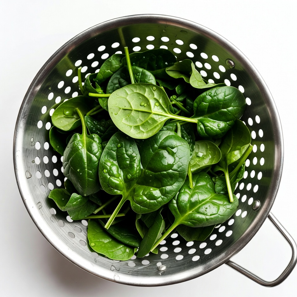 Fresh Spinach in Metal Colander Fresh Spinach in Metal Colander