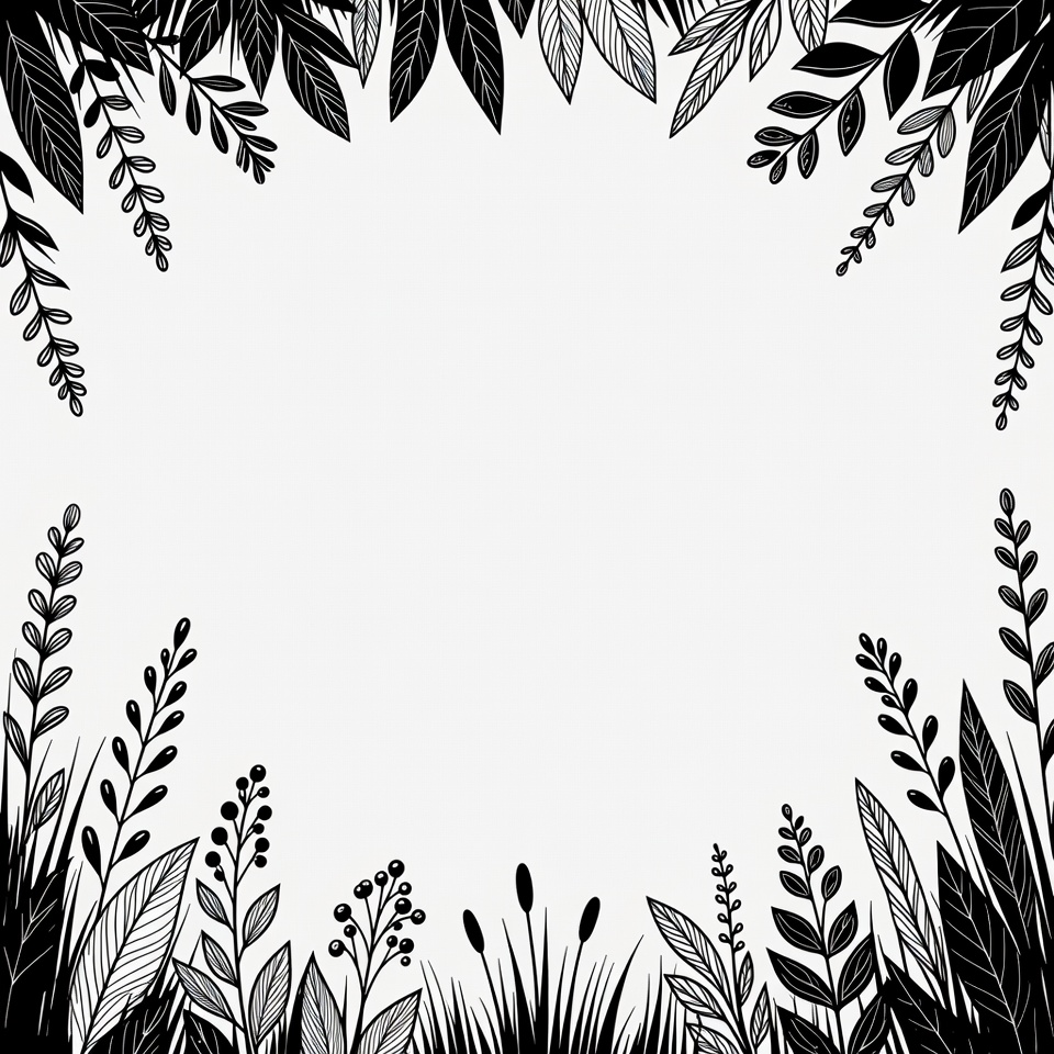 Black and White Leafy Plant Border Black and White Leafy Plant Border