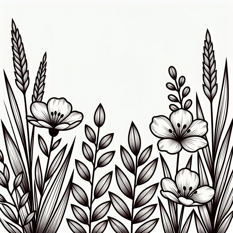 Black and White Floral Wheat Illustration Black and White Floral Wheat Illustration