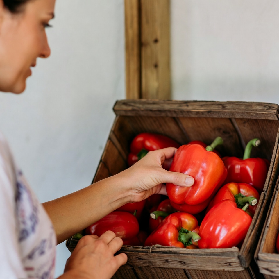 Woman selecting red bell peppers Woman selecting red bell peppers