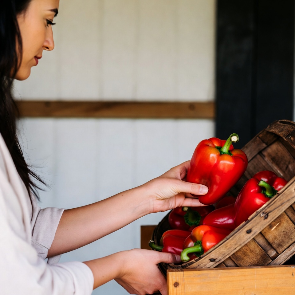 Woman holding red bell peppers Woman holding red bell peppers
