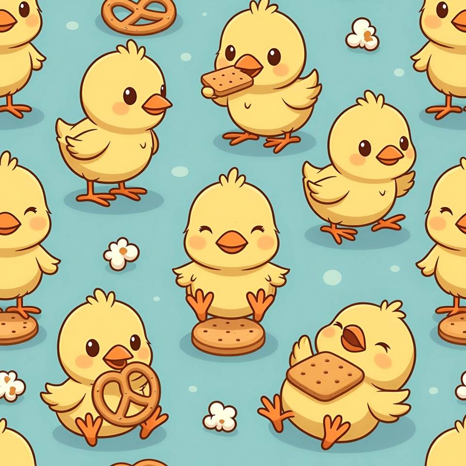 Cute Chicks Eating Pretzels Illustration Cute Chicks Eating Pretzels Illustration