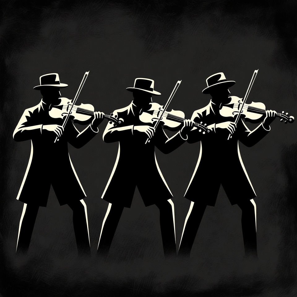 Three silhouetted men playing violins Three silhouetted men playing violins