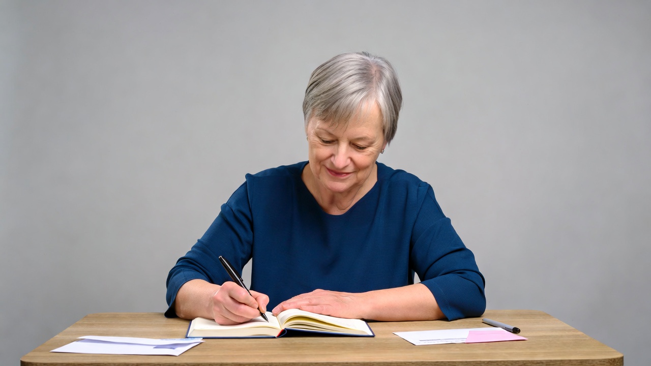 Elderly woman writing in notebook Elderly woman writing in notebook