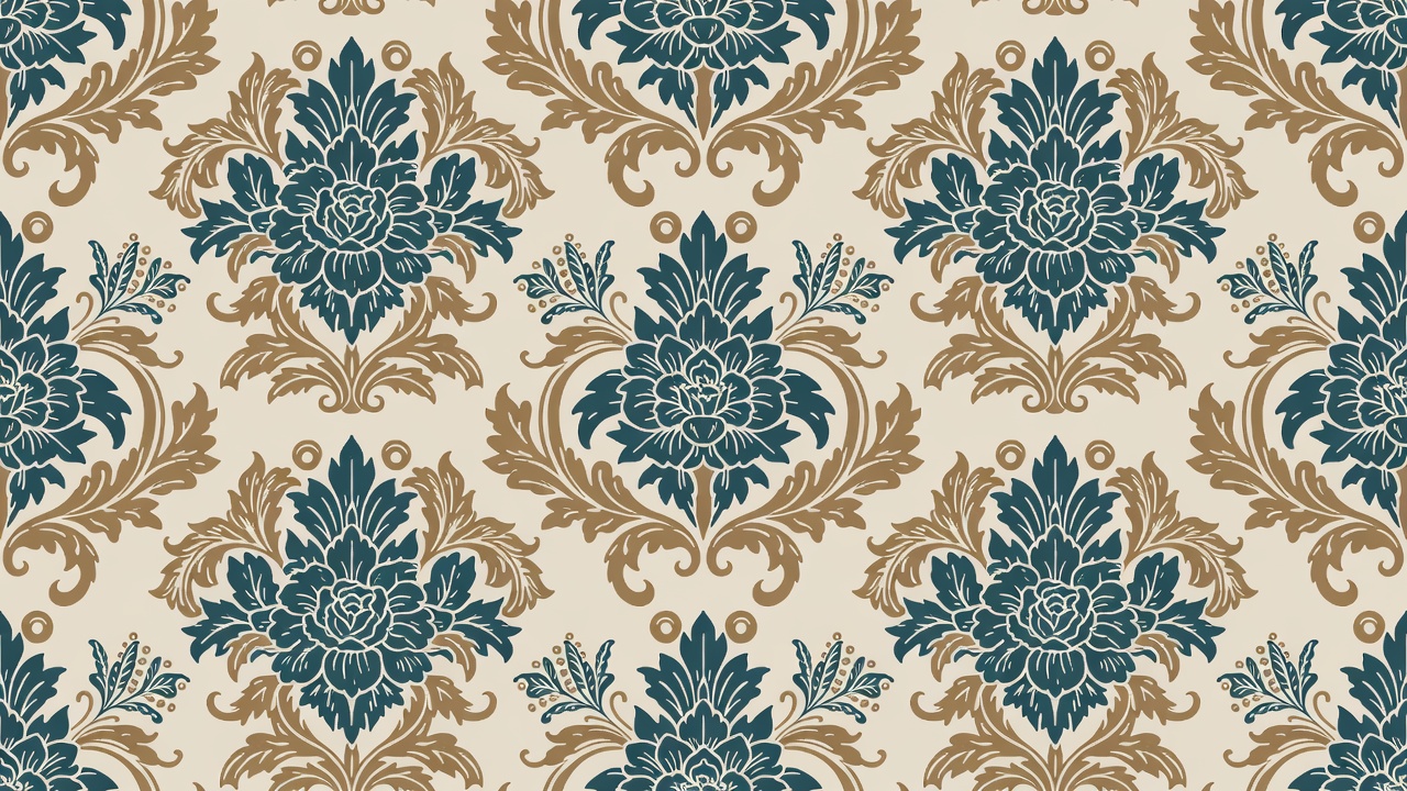 Navy Blue Damask Pattern on Beige Navy Blue Damask Pattern on Beige
