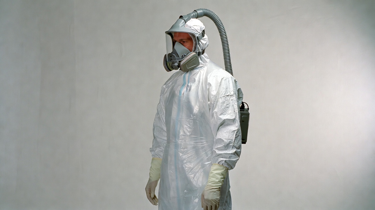 Man in hazmat suit with respirator Man in hazmat suit with respirator