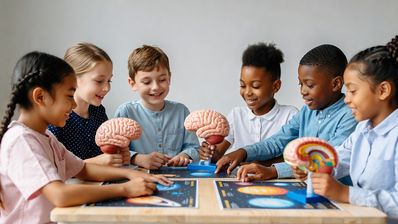 Children examining brain models and solar system Children examining brain models and solar system