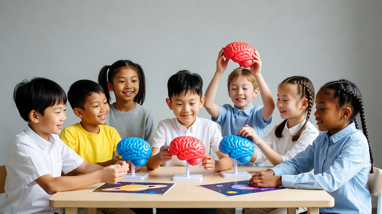 Asian children examining brain models Asian children examining brain models