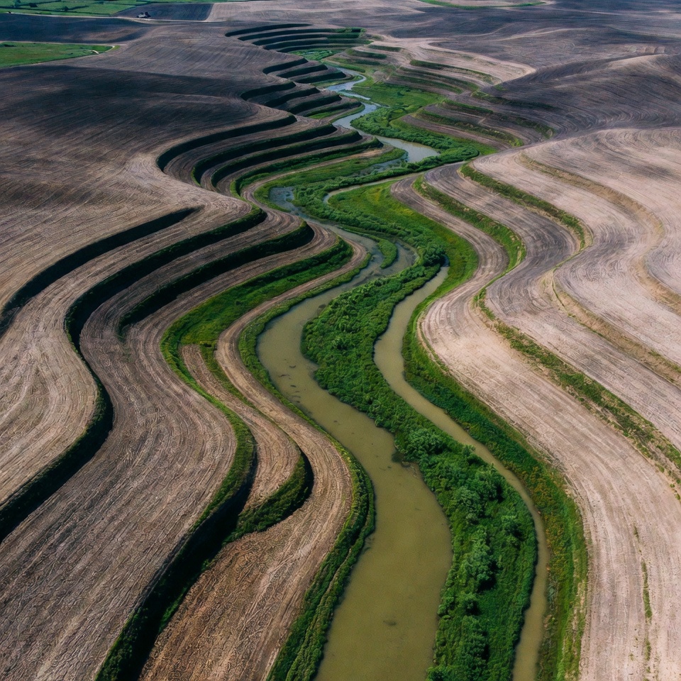 Aerial view of wavy farmland fields and river Aerial view of wavy farmland fields and river