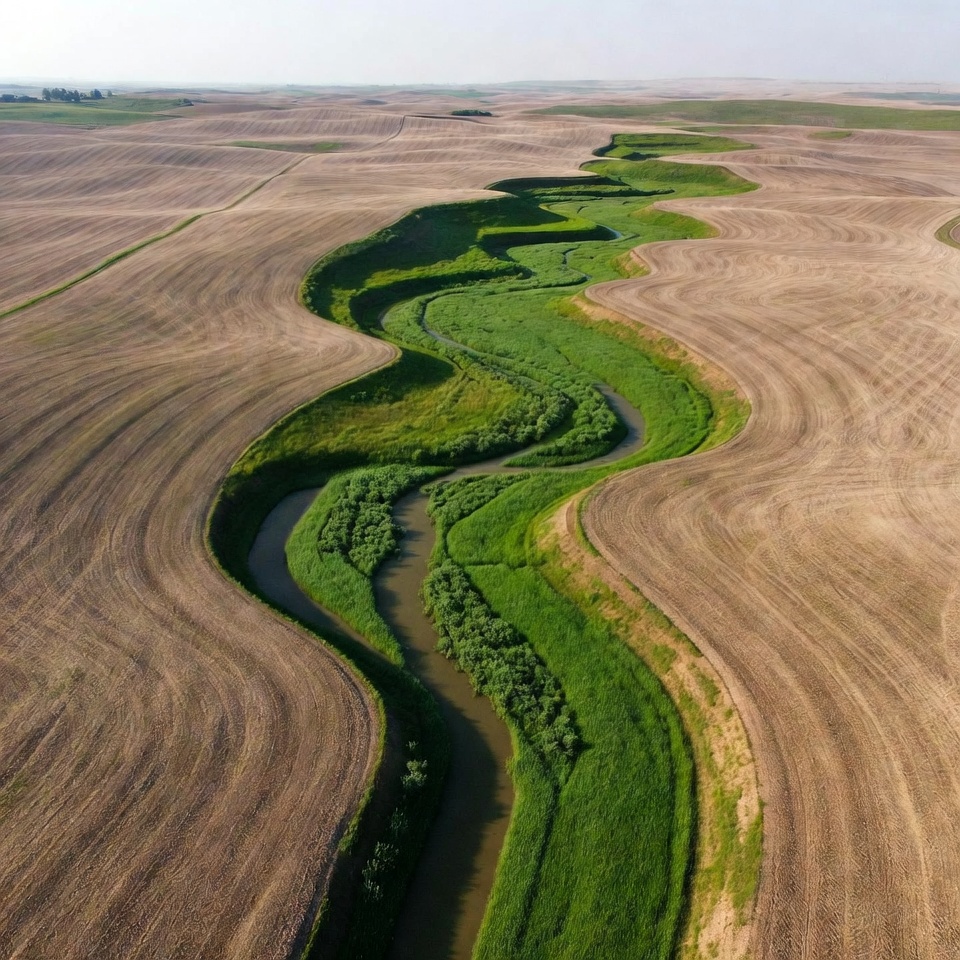 Aerial view of winding green river in fields Aerial view of winding green river in fields