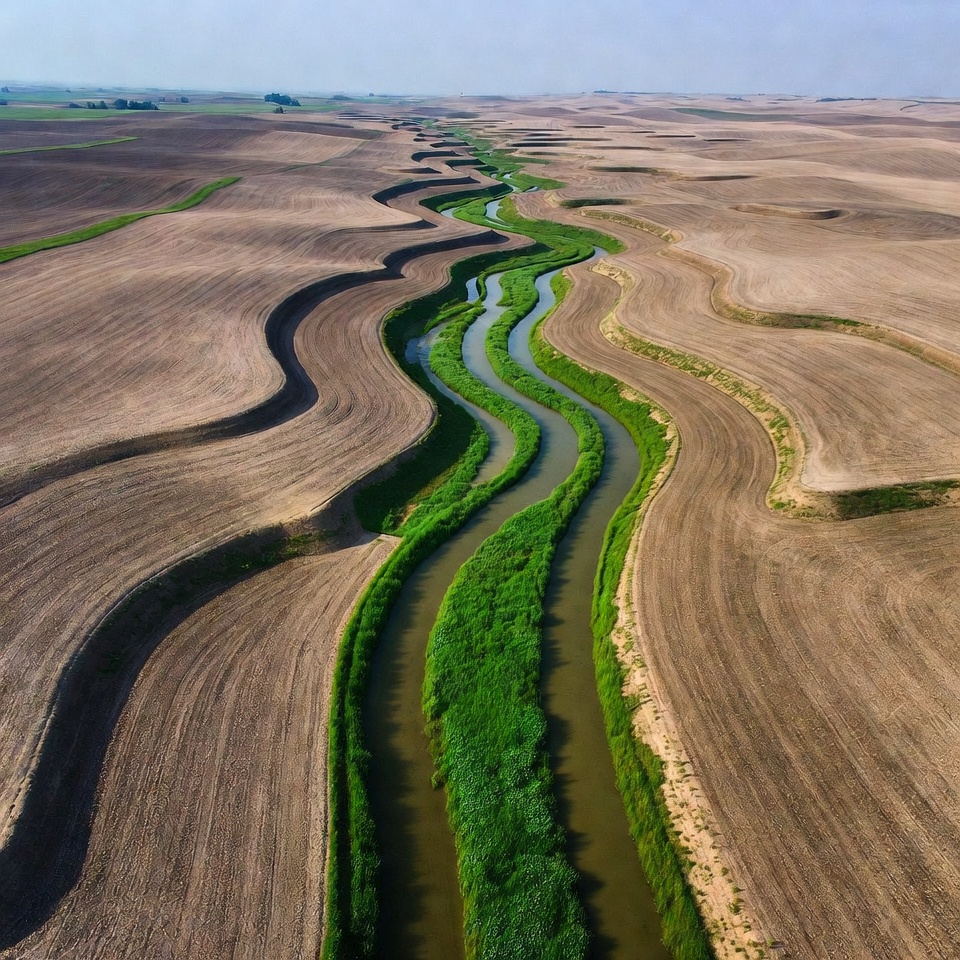 Aerial view of winding river in farmland Aerial view of winding river in farmland