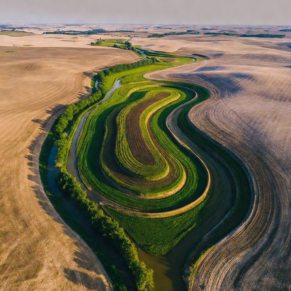 Aerial view of winding river in fields Aerial view of winding river in fields