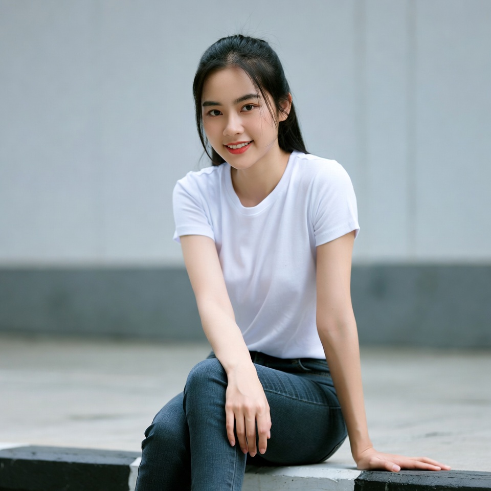 Asian woman sitting on ledge smiling Asian woman sitting on ledge smiling