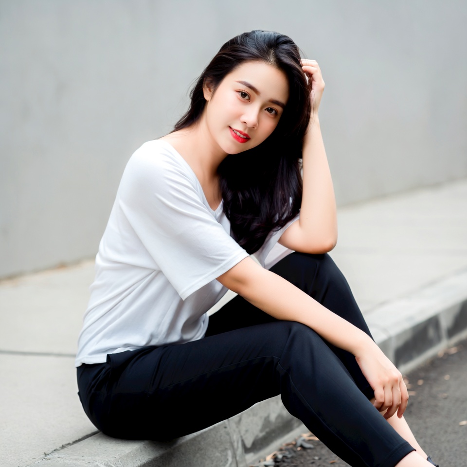 Asian woman sitting on concrete ledge Asian woman sitting on concrete ledge