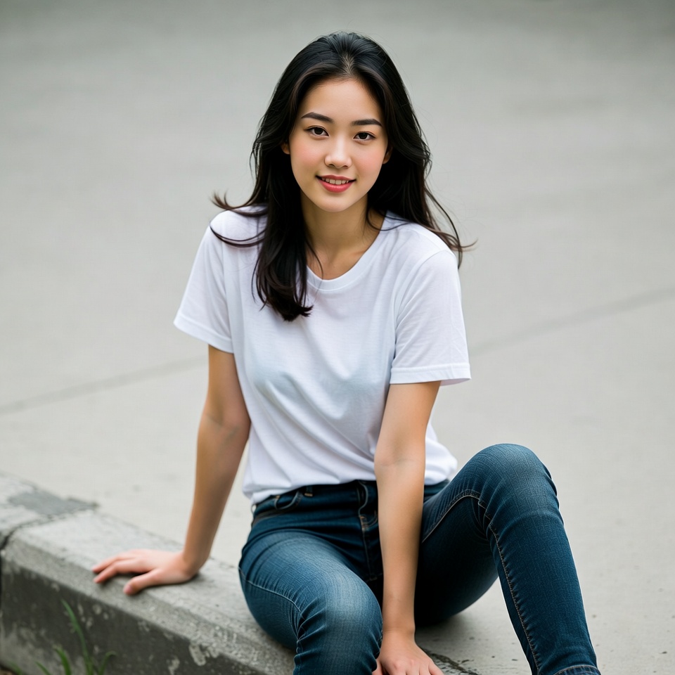 Asian woman sitting on concrete ledge Asian woman sitting on concrete ledge