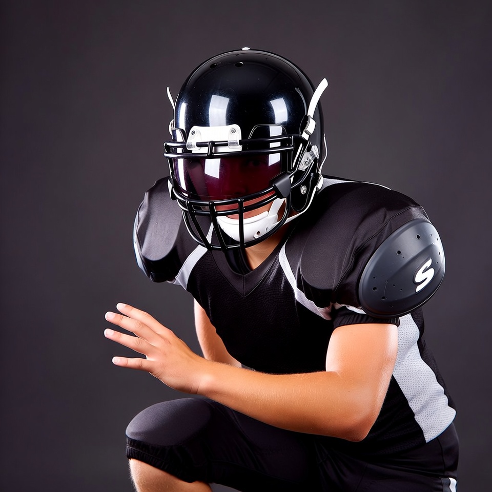Football player in black uniform crouching Football player in black uniform crouching