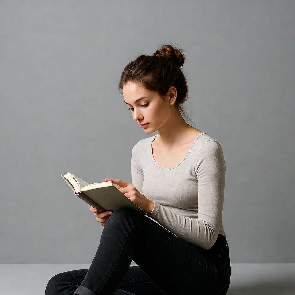 Young woman reading book on floor Young woman reading book on floor