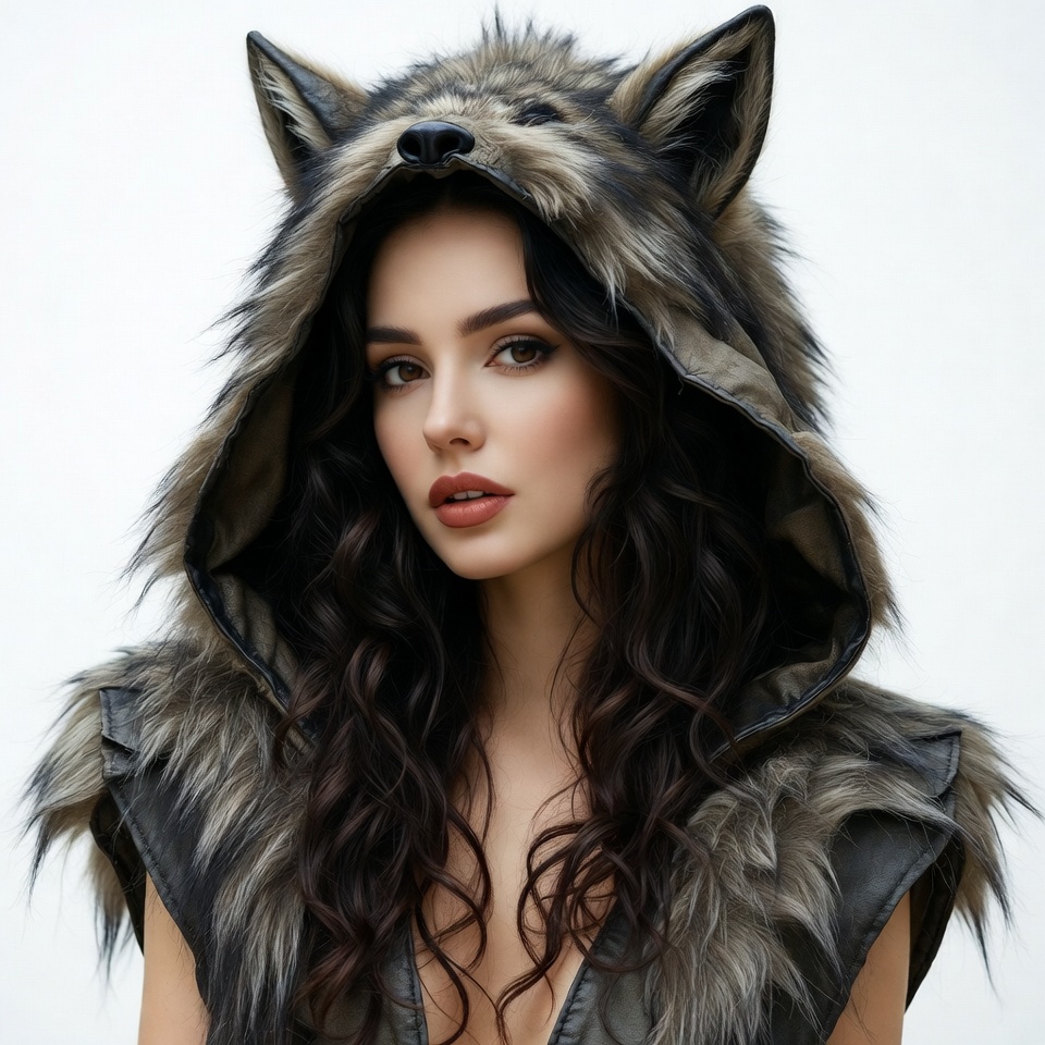 Woman wearing wolf fur hood Woman wearing wolf fur hood