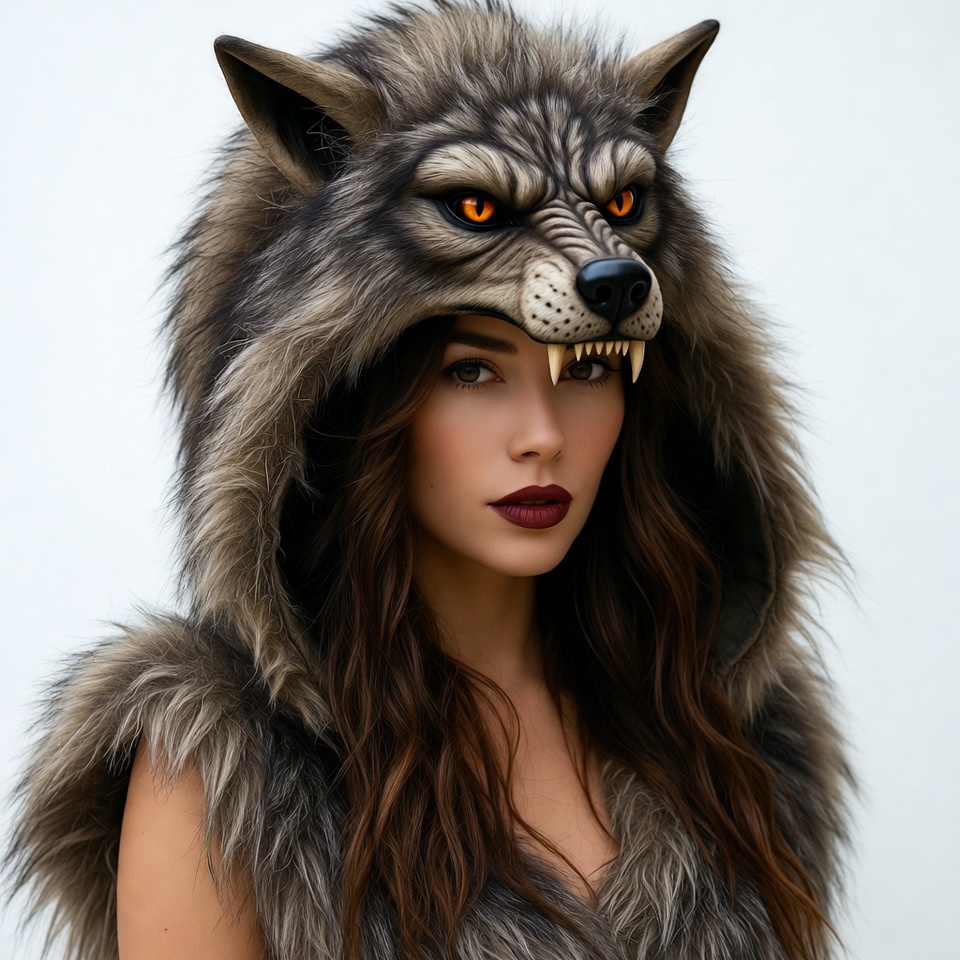 Woman wearing wolf hood mask Woman wearing wolf hood mask