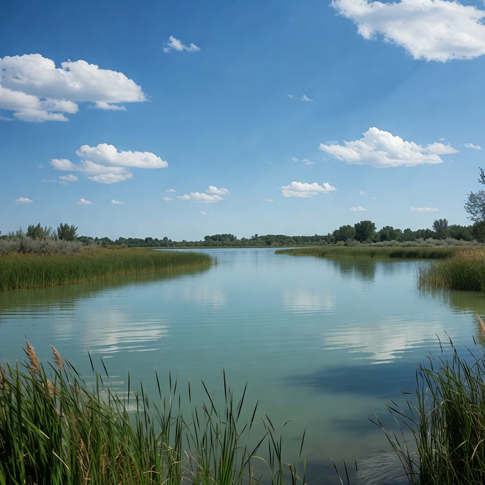 Serene River with Reeds and Blue Sky Serene River with Reeds and Blue Sky