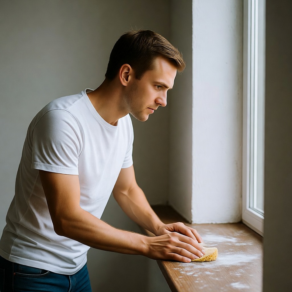 Man cleaning window sill with sponge Man cleaning window sill with sponge